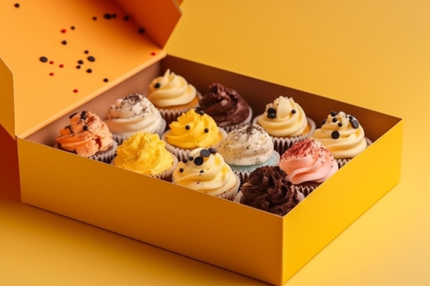 A box of cupcakes with different flavors in it