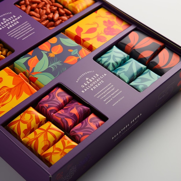 a box of different colored chocolates with a purple box of different colors.