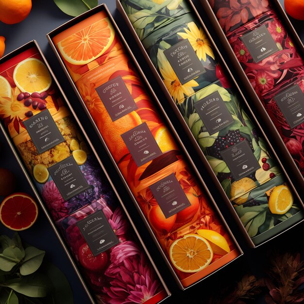 a box of different types of food including oranges, flowers, and leaves.