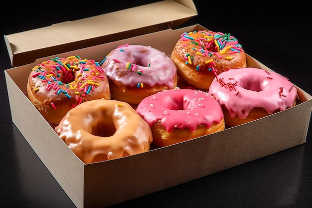 A box of donuts with different colored sprinkles on top.