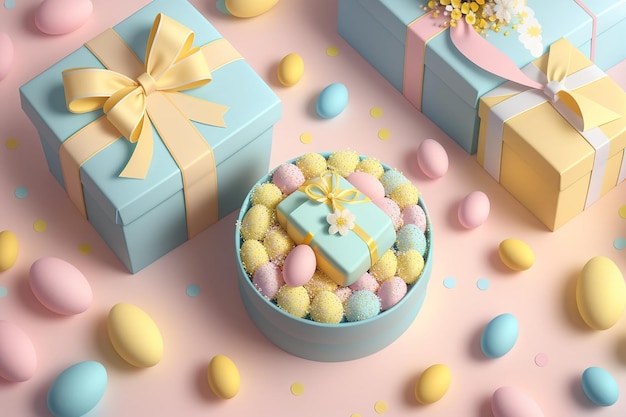 A box of easter eggs and a box of easter eggs on a pink background.