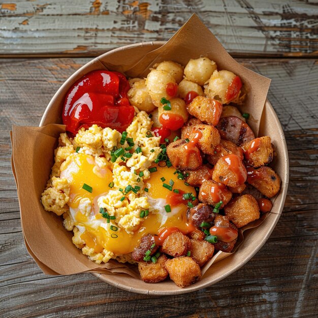 Photo a box of eggs sausage and tomatoes with a red tomato