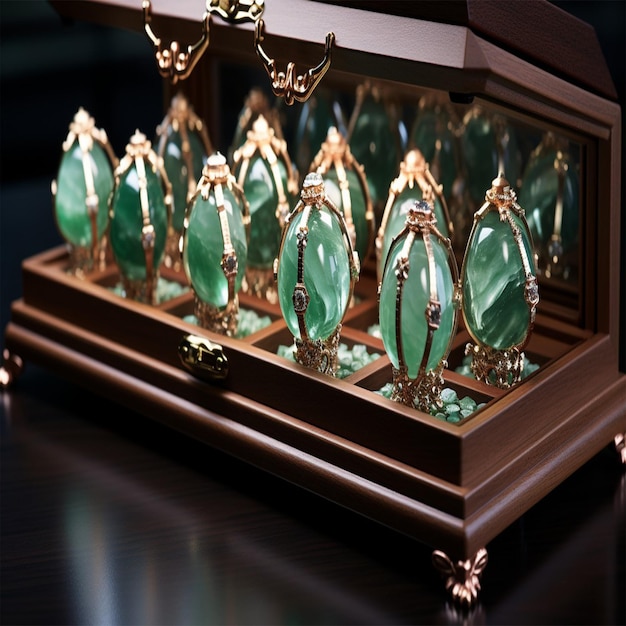 a box of emeralds with a gold ring on it