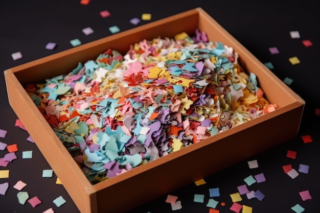 Box filled with colorful confetti for special occasion