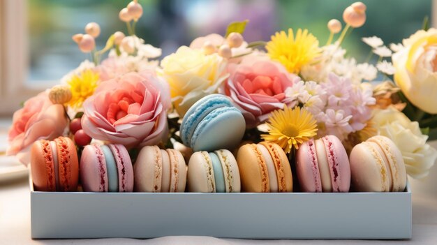 A box filled with colorful macarons and vibrant flowers