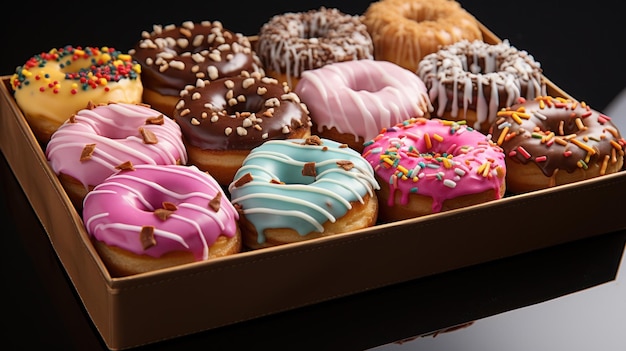 A box filled with a dozen assorted donuts