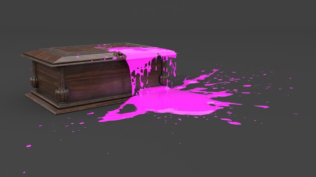 Box filled with pink paint in the form of a blot, 3d illustration