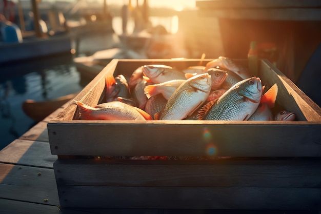 A box of fish on a dock with the sun setting behind it
