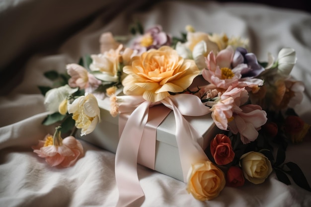 Photo a box of flowers on a bed with a ribbon that says'flowers '