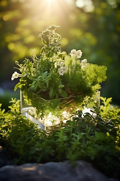 a box of flowers in the garden