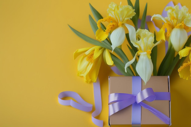 A box of flowers with a purple ribbon and a bow that says daffodils.