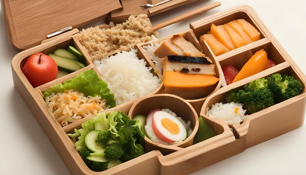 a box of food including rice sushi and sushi