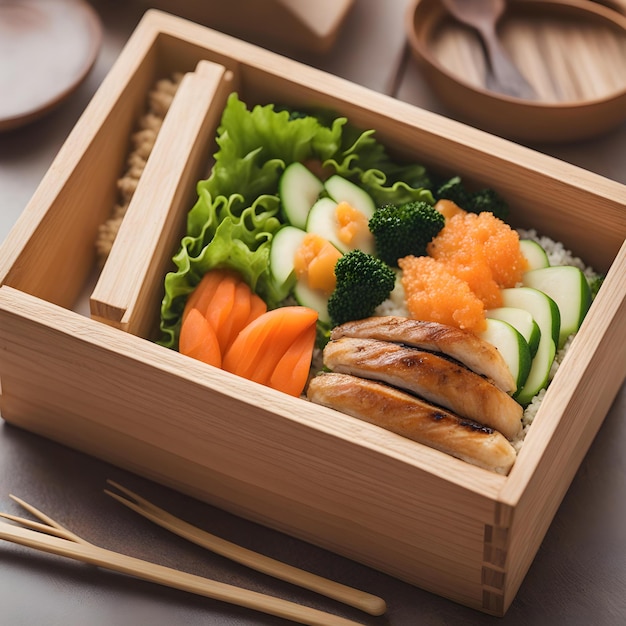 a box of food with chopsticks and chopsticks on it