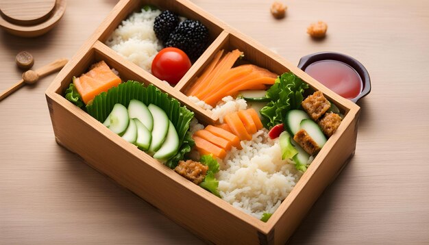 a box of food with rice vegetables and rice