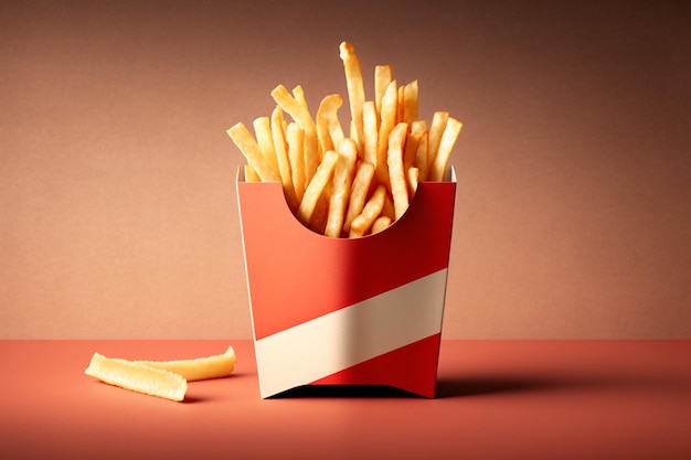A box of french fries is shown with a red background.
