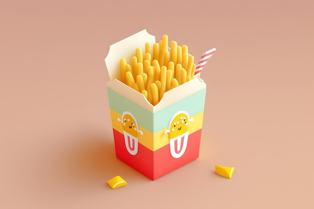 Photo a box of french fries with a straw and a smiley face on it.