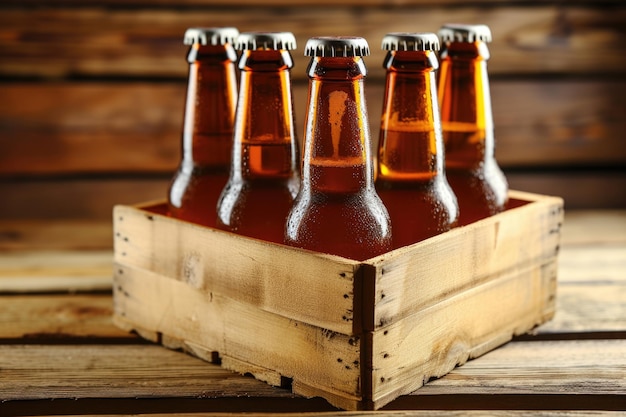 Photo box of fresh beer on a wooden table