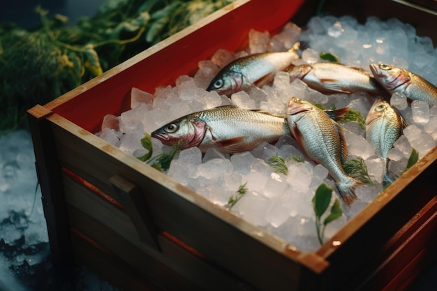 A box of freshly caught fish with ice