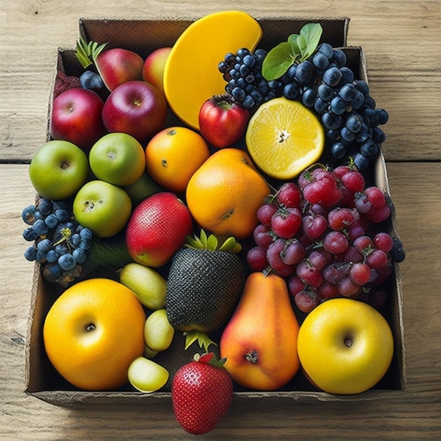 A box of fruit including a variety of fruits.