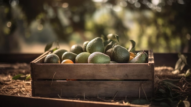 A box of fruit sits in a crate.