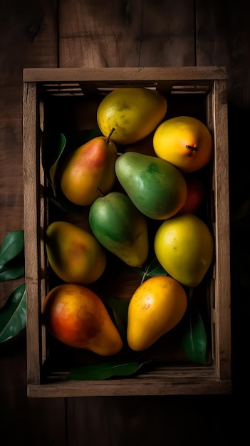 A box of fruit with a green leaf on it