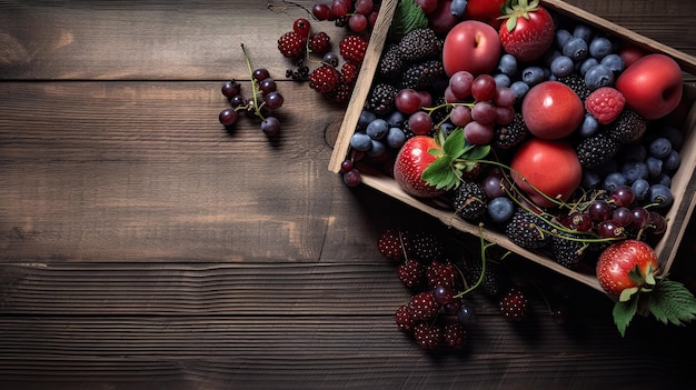 A box of fruit on a wooden table