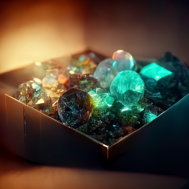 A box of gemstones with a light shining on it.