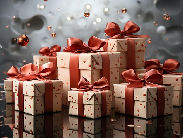 a box of gift boxes with red bows on it.