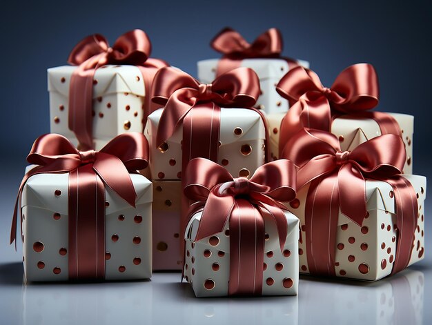 a box of gift boxes with red polka dots and a bow.