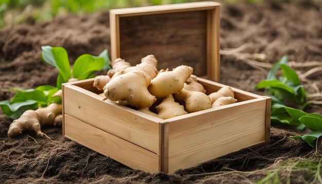 Photo a box of ginger potatoes in a wooden box