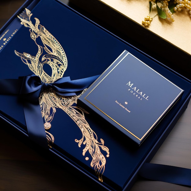 a box of gold and blue gift wrappers with a blue ribbon.