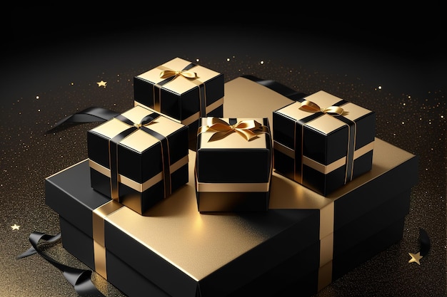 A box of gold boxes with gold ribbons and bows on it