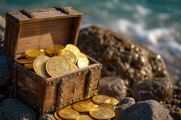 Foto scatola di monete d'oro sulla spiaggia rocciosa