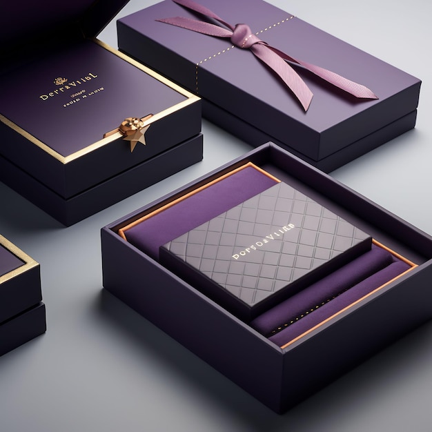 a box of gold jewelry sits on a table with purple box.