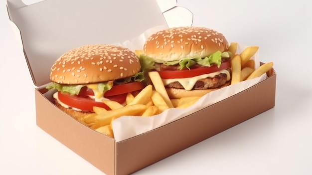 a box of hamburgers with french fries in it.