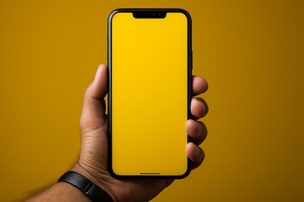 Box held by hand showcased against phone and yellow background artistic synergy