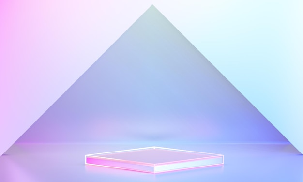 Box hologram color podium circle display background pink blue light with triangle frame in purple