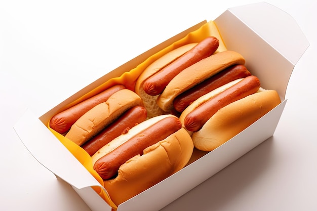 Box of hot dogs on white background