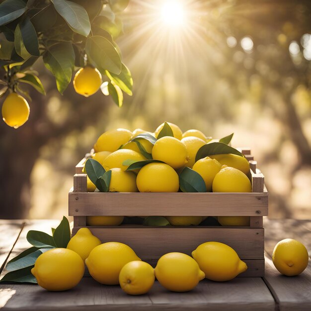 Photo a box of lemons with the sun shining through the trees