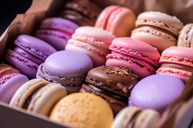 A box of macaroons is shown with a brown bag.