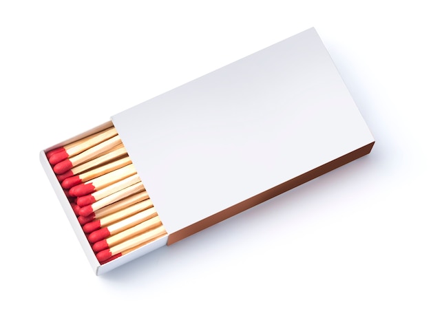 Open full box of matches on white background. two more wood match stick  near the match box with clipping path. Stock Photo