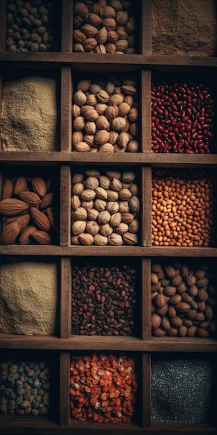 A box of nuts and other spices in a wooden box