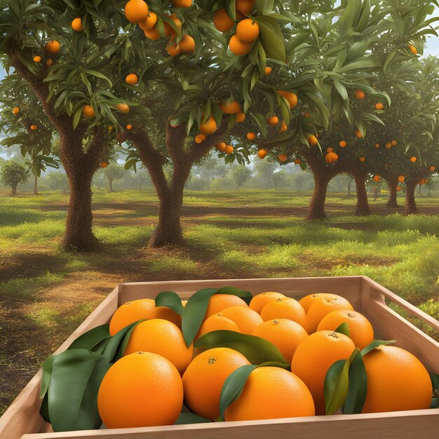 a box of oranges with leaves on the side of it