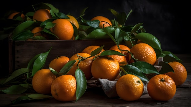 A box of oranges with leaves on the top