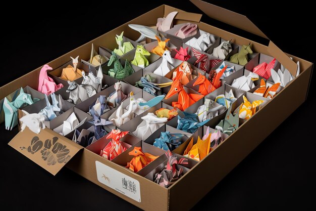 Box of origami creatures and animals each unique in its design created with generative ai