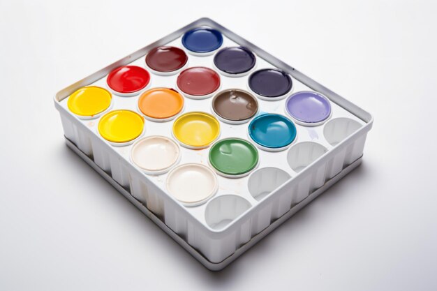 a box of paint with a variety of colors