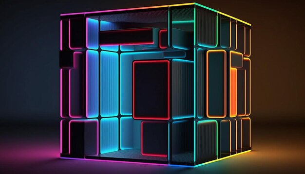 Box pattern neon color glowing lines background 3D Generative AI