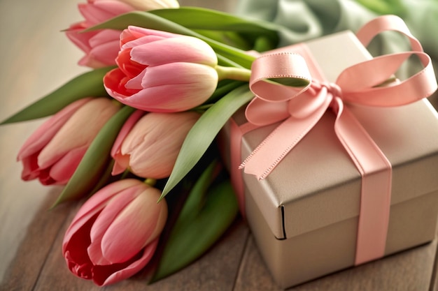 A box of pink tulips sits next to a gift box with a pink ribbon.