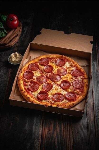 A box of pizza with pepperoni on a table