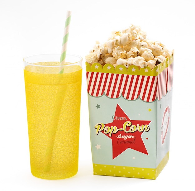 Photo box of popcorn with a soft drink